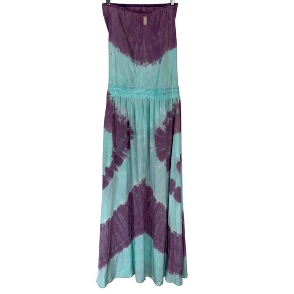 Gypsy 05 Y2K Silk Aqua Purple Tie Dye Strapless Tube Maxi Dress Size XS - Picture 7 of 14